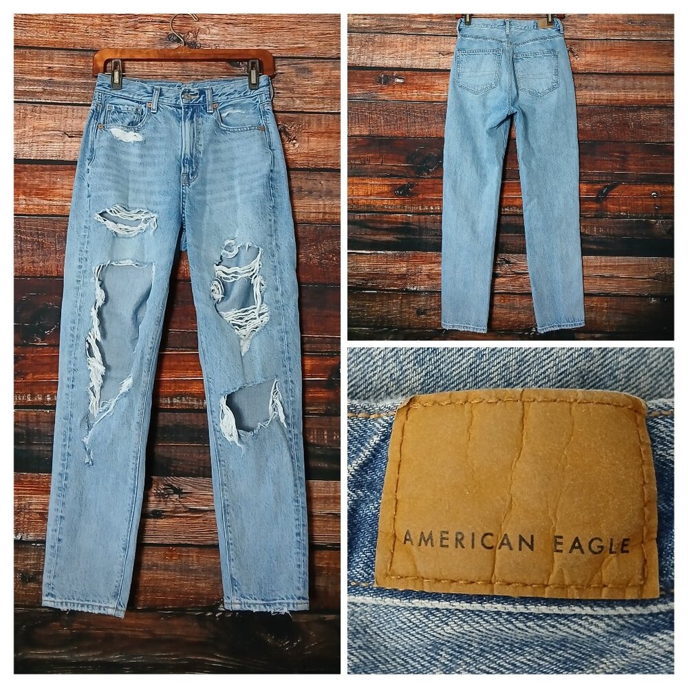 American Eagle Jeans 2 Strigid Mom Highest Rise Distressed Light Wash Blue Denim